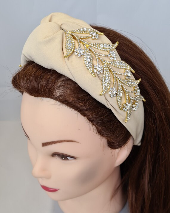 Beige Padded Knot Headband Gold Tone Crystal Rhinestone 