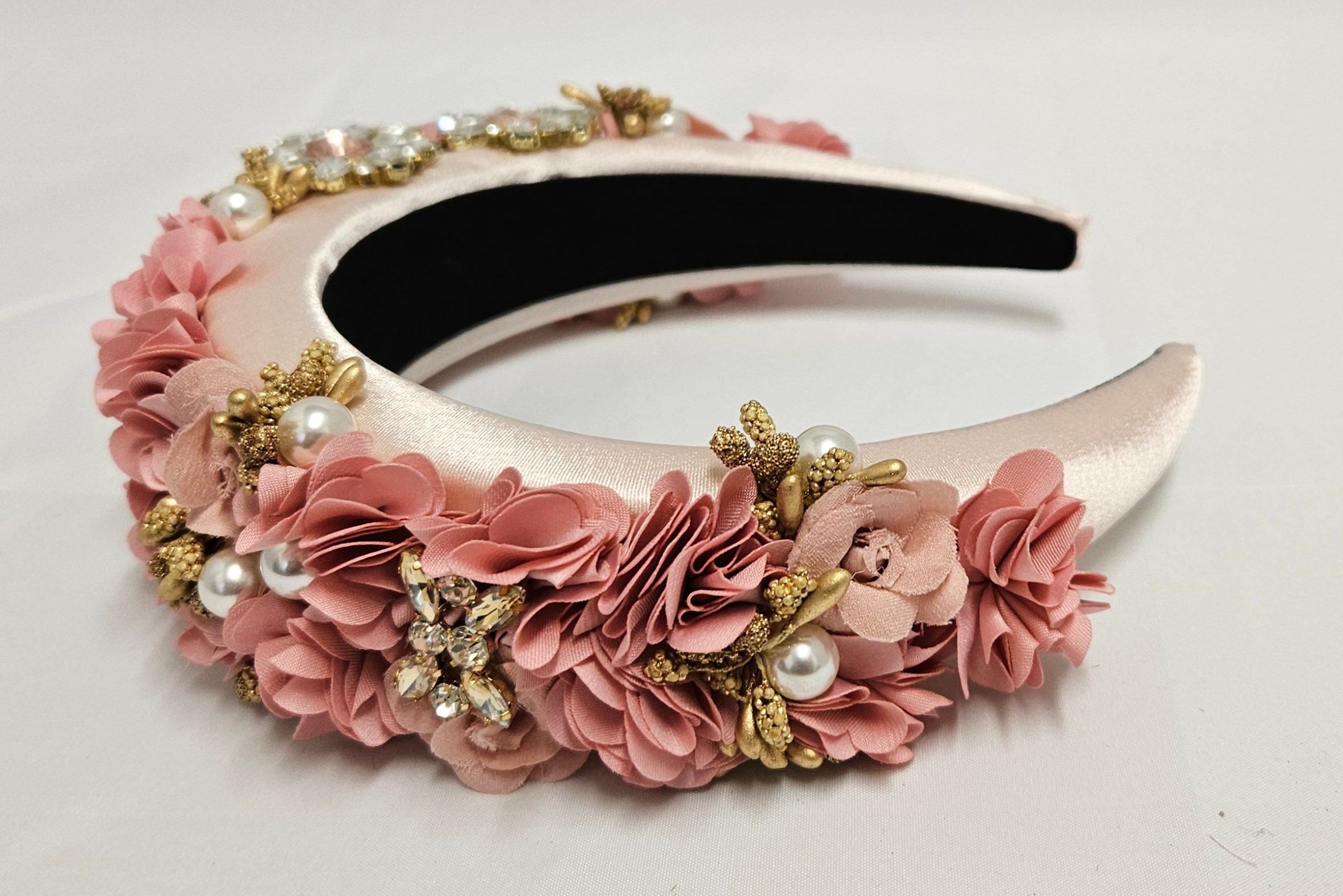 Luxury Pink Patent Padded Headband with Gold Double G Pink Gold Flower Padded Headband Crystal Pearl Embellished  main image 4