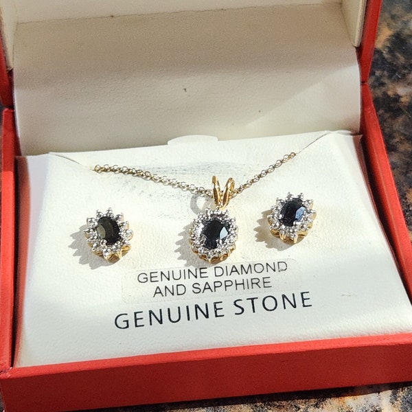 Genuine Diamond and Sapphire Set, Necklace and Earrings,  18K/Sterling Gordon Jeweler's