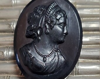 Vintage Black Grecian Lady on Black Background Glass Cameo Mourning Brooch 