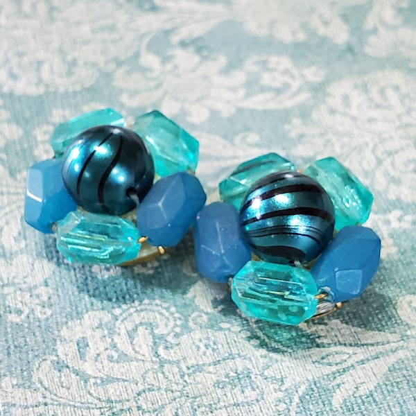 Vintage 1950's Blue Cluster Earrings, W. Germany, Clip On