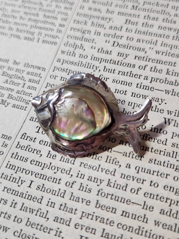Unique Sterling Silver and Abalone Fish Brooch, Me