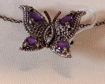 AMETHYST and Diamond Butterfly Necklace, AUTHENTIC gemstones