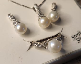 Vintage Cultured Pearls and Diamonds Necklace Earrings and Ring Set, Macy's