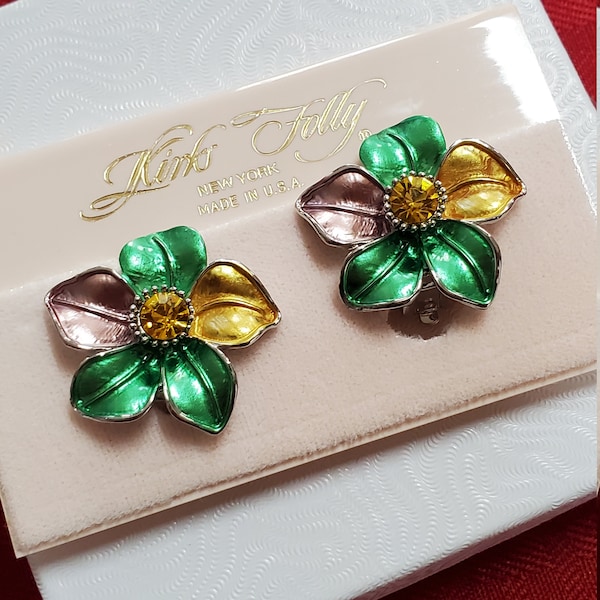 Rare Vintage Kirk's Folly Flower Crystal and Enamel Clip On Earrings