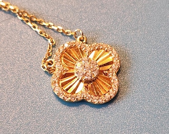 14K GF Clover Necklace, Simulated Diamonds