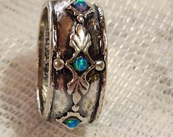 Artist Crafted Hammered Sterling Silver Band Fire Opals 7.5