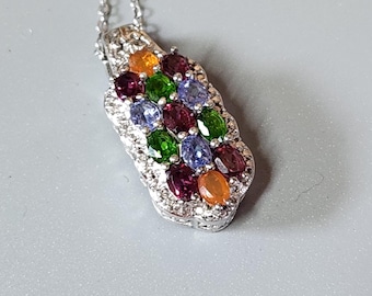 Unique Vintage Multi Gemstone Cluster Pendant and Chain Chuck Clemency Sterling