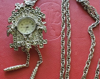 REDUCED Vintage Xanadu Cuckoo Clock Watch Pendant/Brooch on 18KT Chain