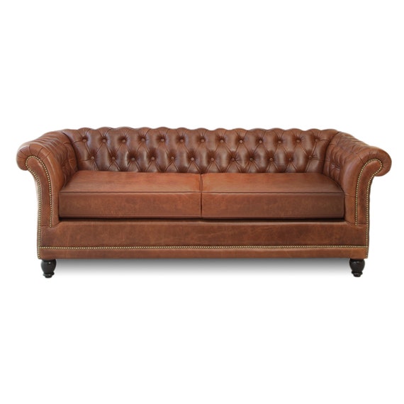 Brown Crunch Genuine Leather Wooden Leg Chesterfield Sofa 2 Brown Crunch Genuine Leather Wooden Leg, Leather And Wood Sofa