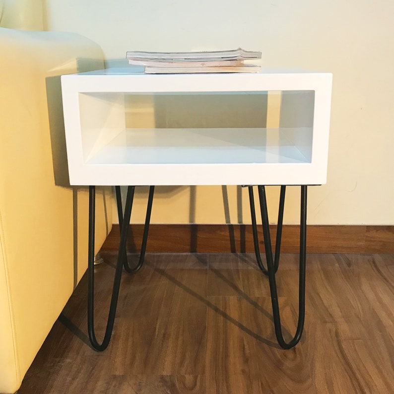White Duco Polish Wooden Top Black Hairpin Leg Side Table Etsy