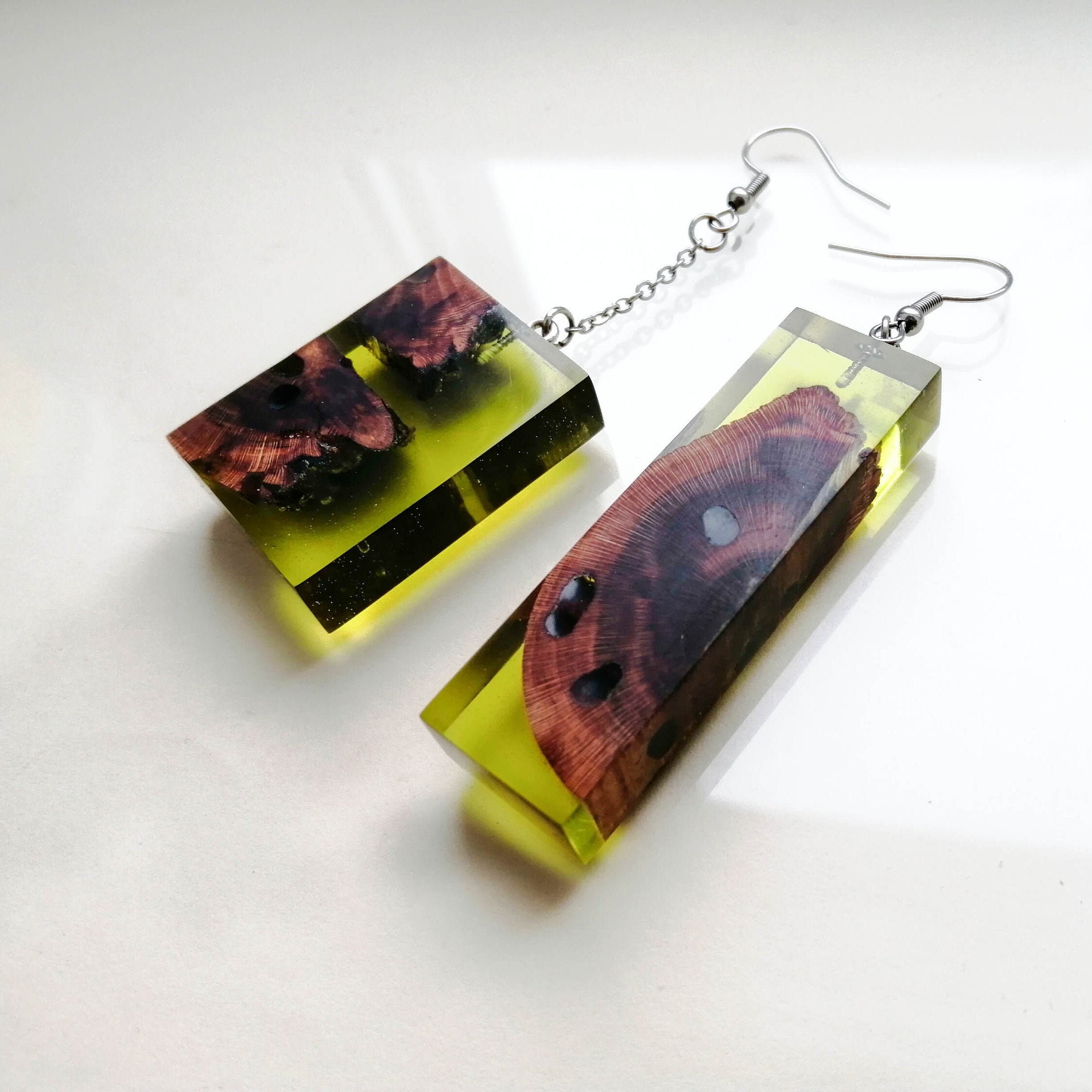 Wood epoxy earrings handmade green asymmetrical earrings Etsy