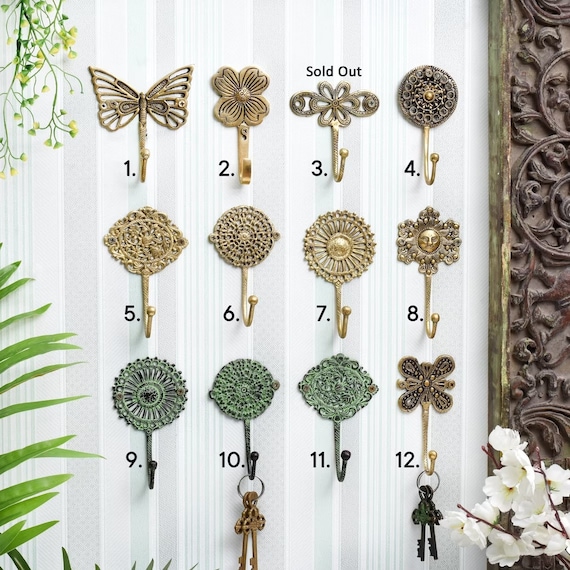 Decorative Wall Hooks Boho Brass Wall Hooks shabby Chic Antique