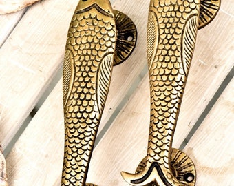 Handmade 1 Pair Brass Golden Fish Door Drawer Handles Vintage Handcrafted Design Dresser Cabinet Pulls
