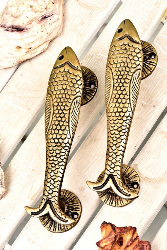Handmade 1 Piece Brass Golden Fish Door Drawer Handles Vintage