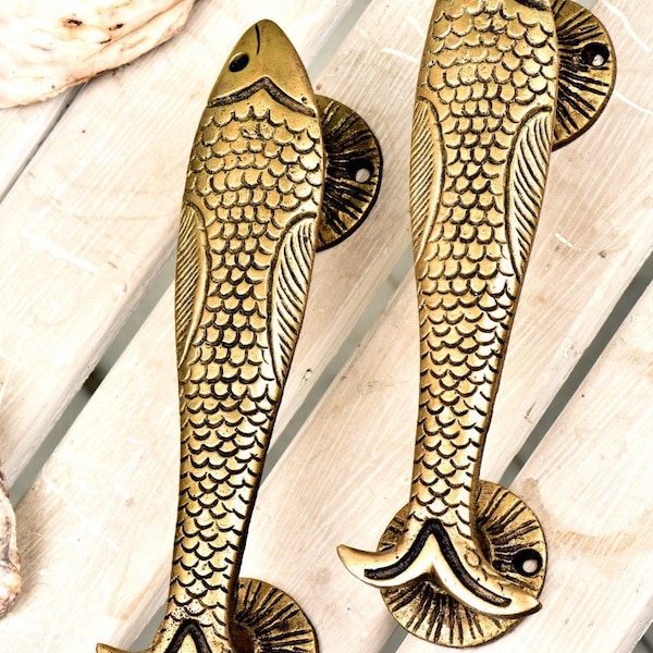 Handmade 1 Piece Brass Golden Fish Door Drawer Handles Vintage Handcrafted Design Dresser Cabinet Pulls