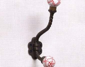 Ceramic Iron Decorative Wall Hooks- Red Floral Wall Hooks- Coat Rack Wall Mount- Heavy Duty Wall Hooks- Coat Hooks