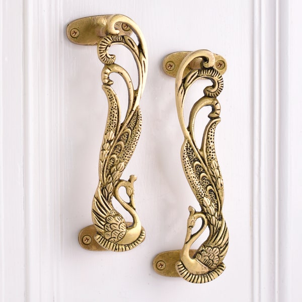 Brass Handles- Peacock Door Handle- Brass Door Pulls- Gold Cabinet Handles- Vintage Door Handles- Decorative Door Handle- Drawer Handles