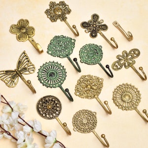3 Pieces Decorative Wall Hooks- Boho Brass Wall Hooks- Shabby Chic- Antique Key Hooks- Vintage Coat Rack Wall Mount- Gold Coat Hooks