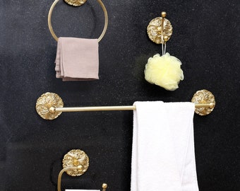 Floral Bathroom Hardware Set- Brass Toilet Paper Holder- Gold Floral Towel Hook- Golden Towel Ring Holder for Bathroom-  Gold Towel Bar