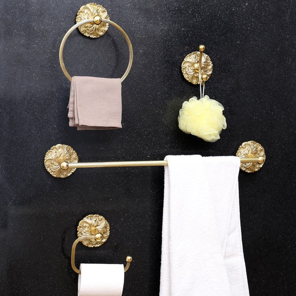 Floral Bathroom Hardware Set- Brass Toilet Paper Holder- Gold Floral Towel Hook- Golden Towel Ring Holder for Bathroom-  Gold Towel Bar