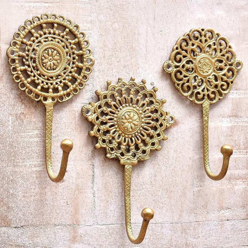 3 Pieces Decorative Wall Hooks Boho Brass Wall Hooks Shabby Chic Antique Key Hooks Vintage Coat Rack Wall Mount Gold Coat Hooks image 2