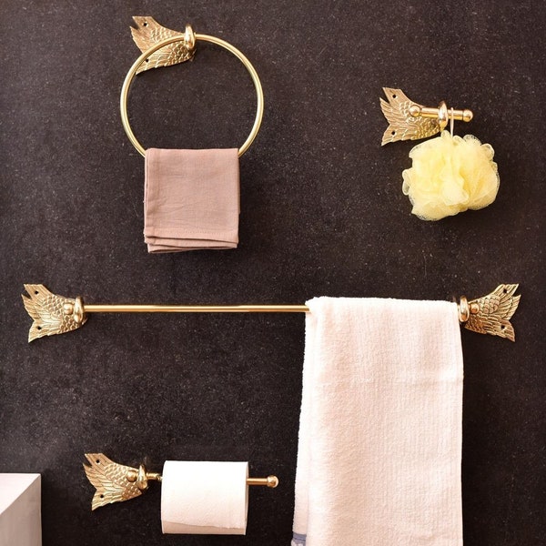 Ensemble de quincaillerie de salle de bain Swan - Porte-papier hygiénique en laiton - Crochet à serviette Swan doré - Anneau porte-serviette doré pour salle de bain - Barre porte-serviette dorée moderne