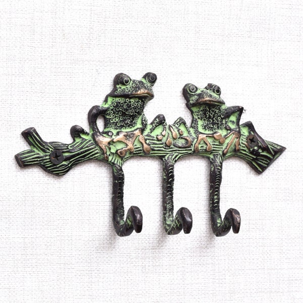 Handmade Brass Vintage Patina Green Frog Wall Hooks Hangers/ Coat Hooks Hangers/ Keys Hooks/ Kids Wall Hooks/ Animal Hooks/ Backpack Hooks