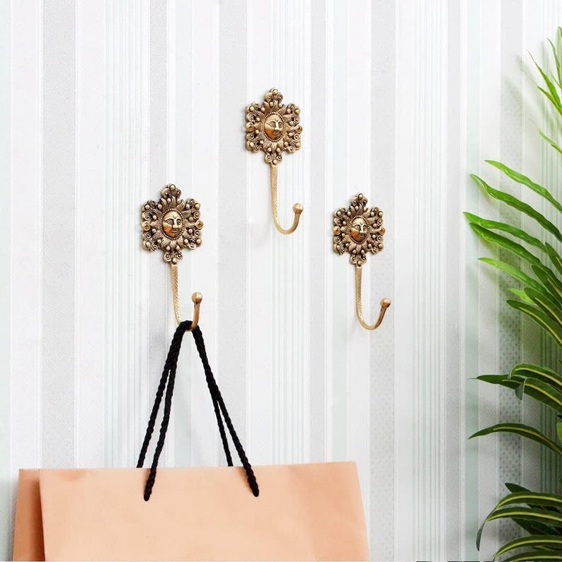 3 Pieces Decorative Wall Hooks Boho Brass Wall Hooks Shabby Chic Antique Key Hooks Vintage Coat Rack Wall Mount Gold Coat Hooks image 6