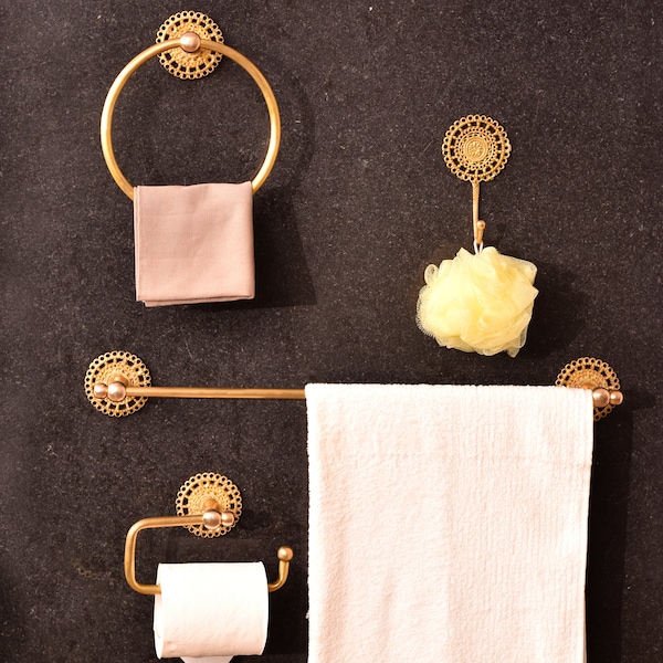 Badkamerbeslagset | Messing toiletrolhouder | Gouden Boho handdoekhaak | Gouden handdoekringhouder voor badkamer | Gouden handdoekbeugel modern
