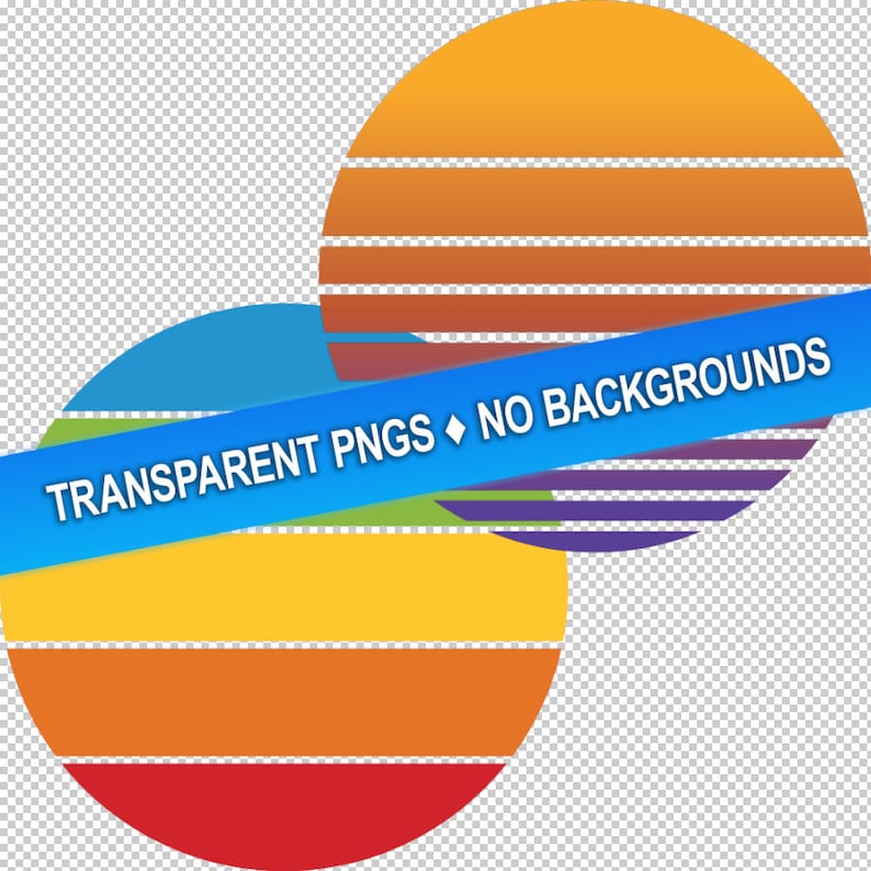 May include: Two overlapping circles with a striped pattern in shades of yellow, orange, red, green, blue, and purple. The text "TRANSPARENT PNGS &diams; NO BACKGROUNDS" is on a blue banner.