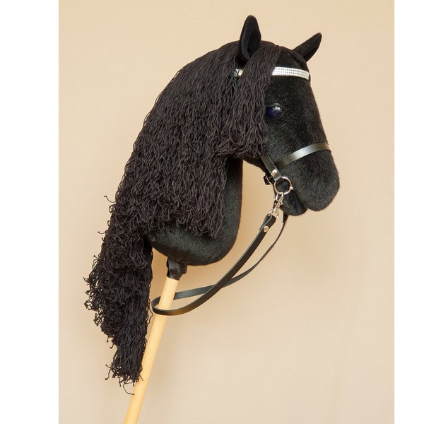 Black hobby horse with wavy mane with leather bridle and ribbon halter with leadrope,comb and brush for care, linen carrot, Equine Passport