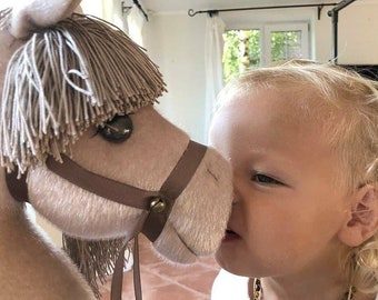 Cabeza de caballo de juguete en un palo para que los niños monten y jueguen al aire libre o en interiores, de género neutro.