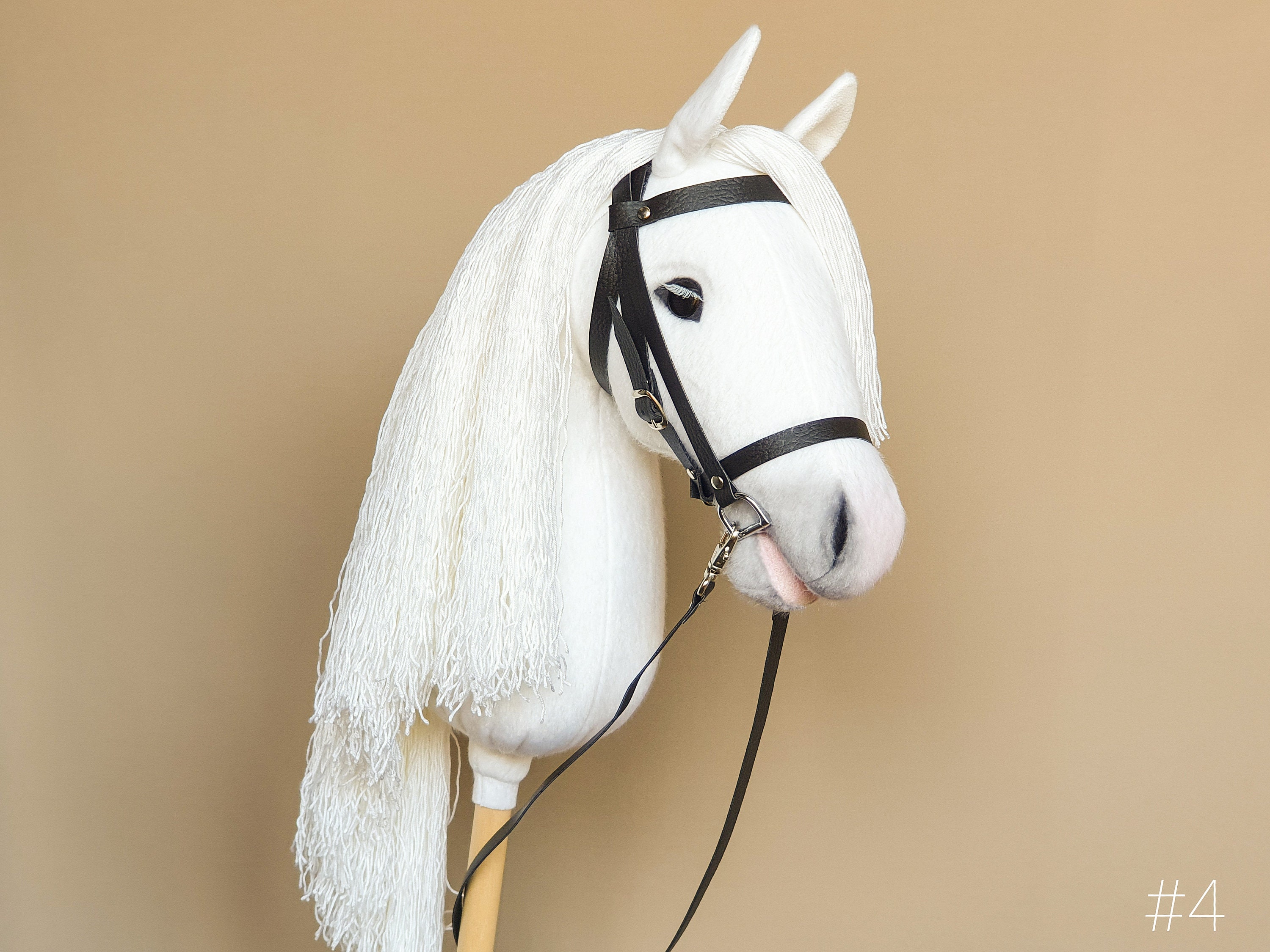 White Hobby Horse on a Stick With Leather Bridle, Halter, Comb,brush