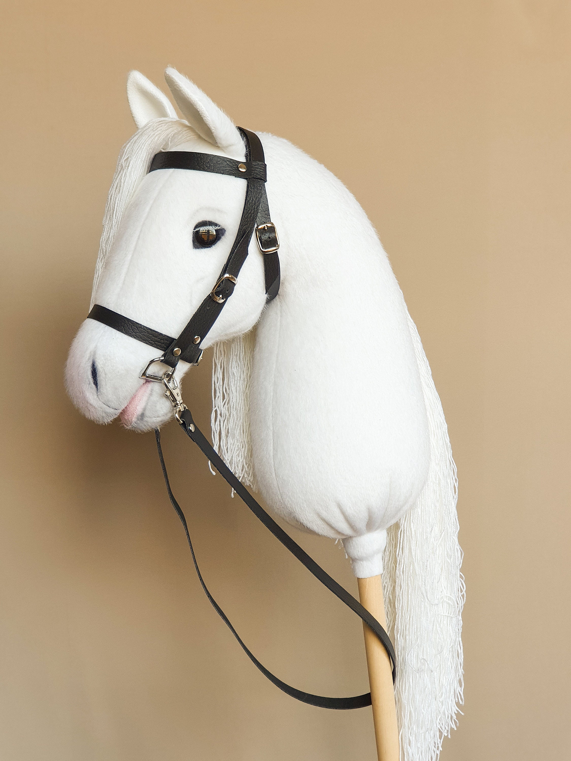 White hobby horse on a stick with leather bridle halter Etsy
