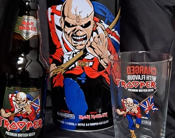 Iron Maiden Trooper Beer Gift Tin, Bottle and Pint Glass. Embossed Large Eddie Collectable Tin Robinson's Limited Edition Xmas Set Brand New