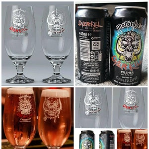 Motorhead Overkill Beer 40th Anniversary Glass and Collectable Beer Can Set. Limited Edition Chalice and Can + 5 Free Lemmy Quote Beer Mats