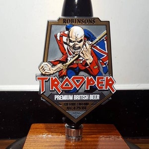 Iron Maiden Trooper Beer Dummy Hand Pull Pump Clip Display. Porcelain handle on wooden base. Handmade Unique Bar Gift Man Cave Idea