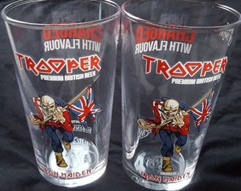Iron Maiden Trooper Beer Pint Glass Set. 2 Two brand new official Robinson&#39;s Brewery glasses. New Eddie design. Bruce Dickinson. Heavy Metal