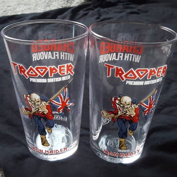 Iron Maiden Trooper Beer Pint Glass Set. 2 Two brand new official Robinson's Brewery glasses. New Eddie design. Bruce Dickinson. Heavy Metal