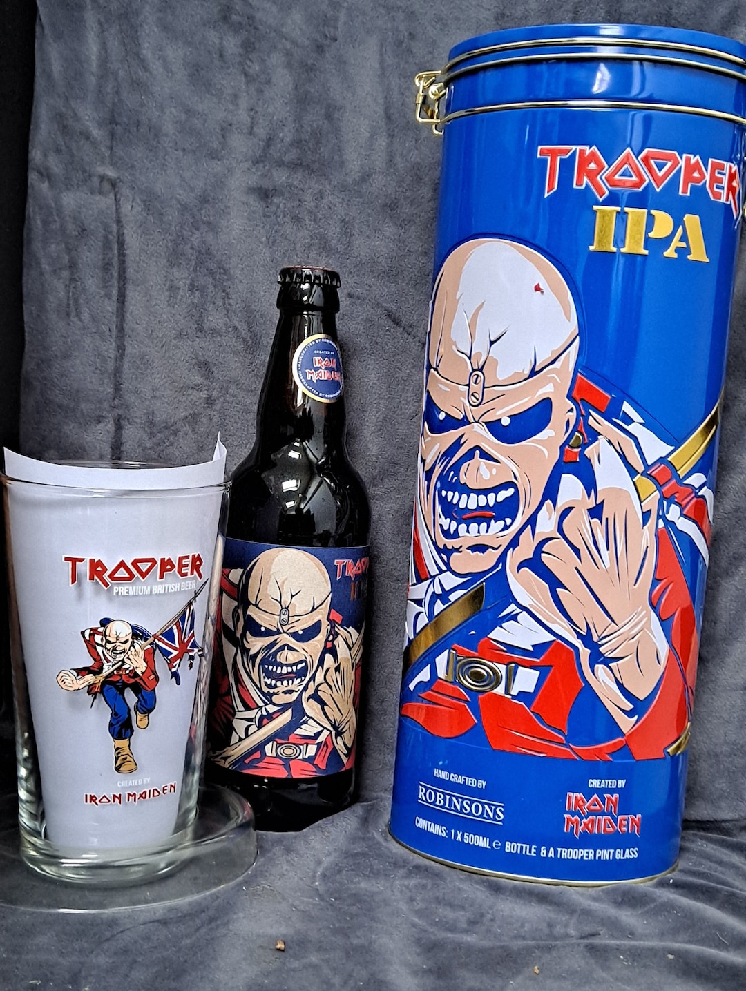Iron Maiden Trooper Beer IPA Ale. Gift Tin, Bottle and Pint Glass