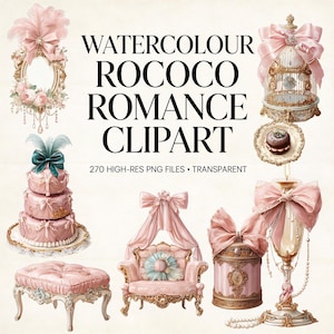 Puede incluir: Conjunto de imágenes prediseñadas de acuarela con elementos de estilo rococó. La imagen incluye una jaula para pájaros, un pastel de tres niveles, una silla, una caja decorativa y un candelabro, todos adornados con lazos y adornos. El texto dice "WATERCOLOUR ROCOCO ROMANCE CLIPART".