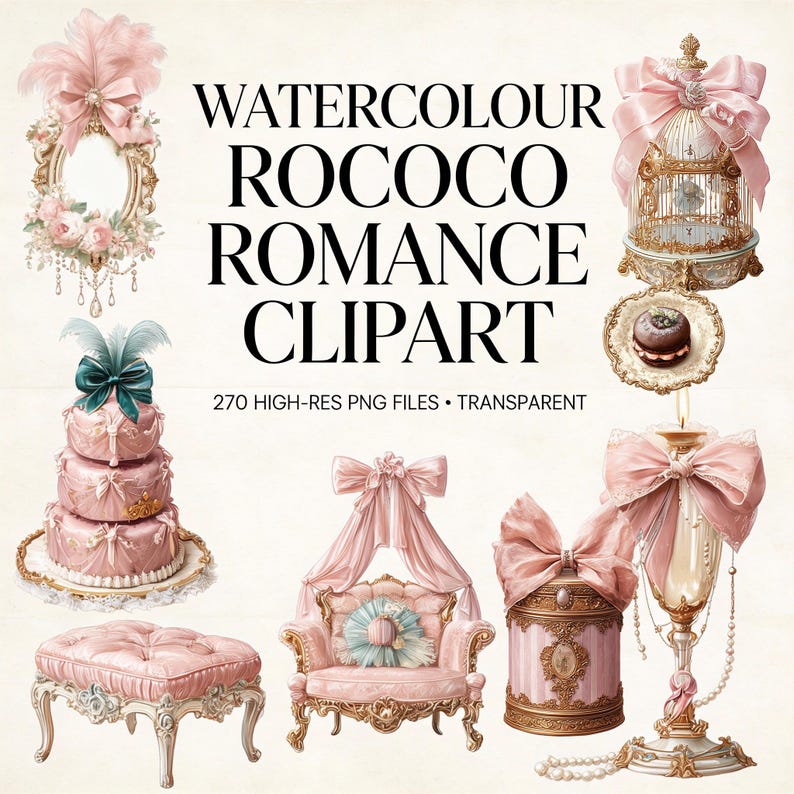 Rococo Clipart Bundle, Pastel Cake Graphics, Marie Antoinette Bow PNG ...