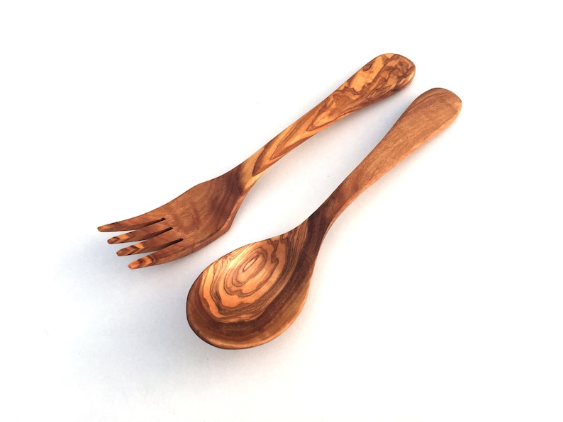 Juego de 2 cubiertos Cubiertos de mesa 2 piezas, tenedor cuchara, hechos a mano en madera de olivo, regalo. imagen 1