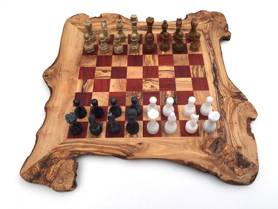 Olive wood chess game, handmade rustic style including figures