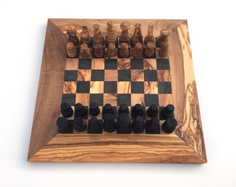 Jeu d'échecs à bord droit, échiquier Gr. M avec 32 pièces d'échecs, fabriquées à la main en bois d'olivier, de haute qualité, idée cadeau.