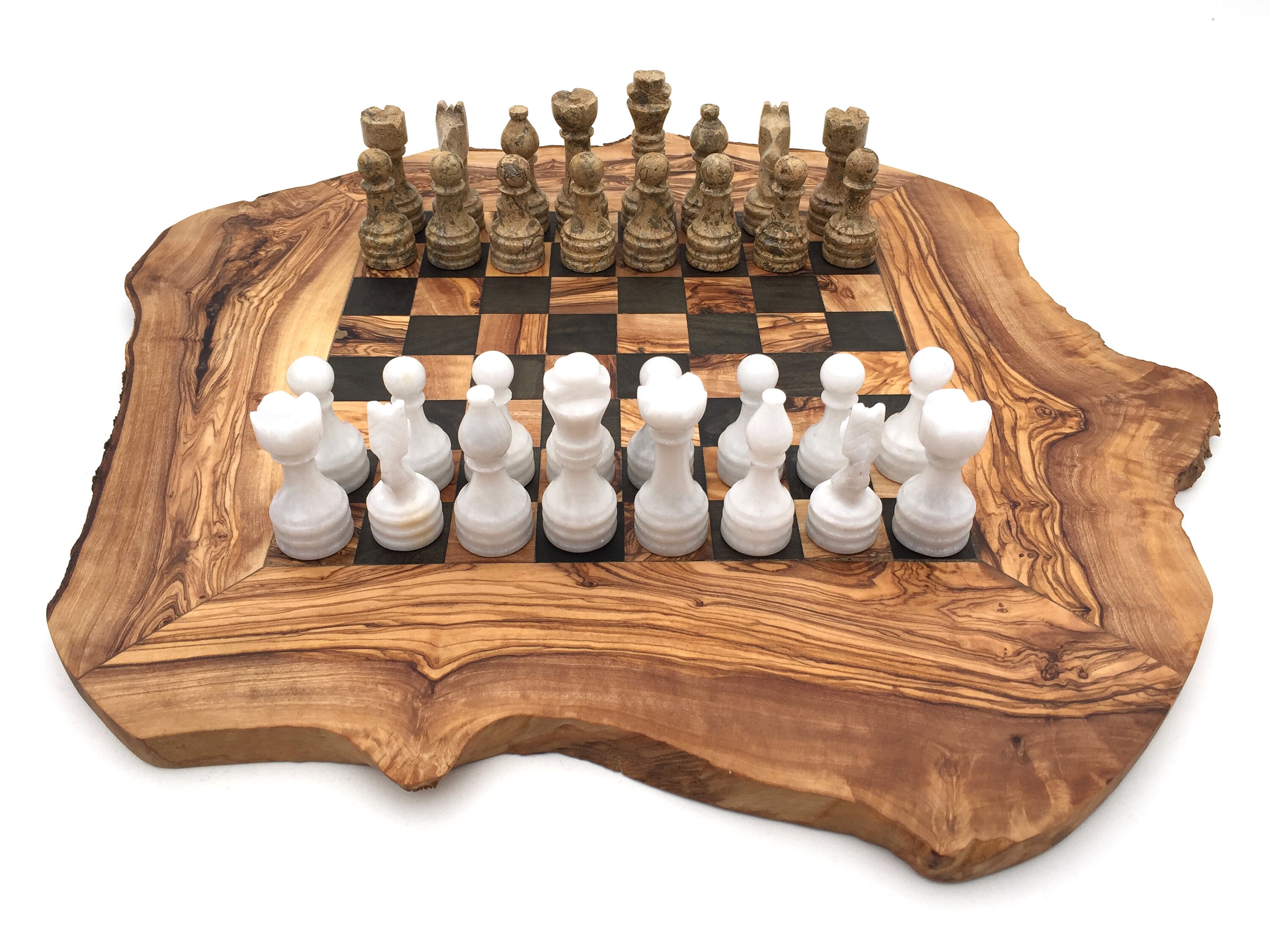 Olive Wood Rustic Chess Board Set with Resin Finish - Qartaj