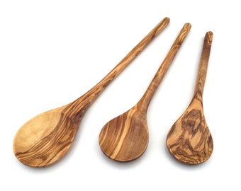 Cooking spoon with round handle length 25/30/35 cm selectable, handmade from olive wood