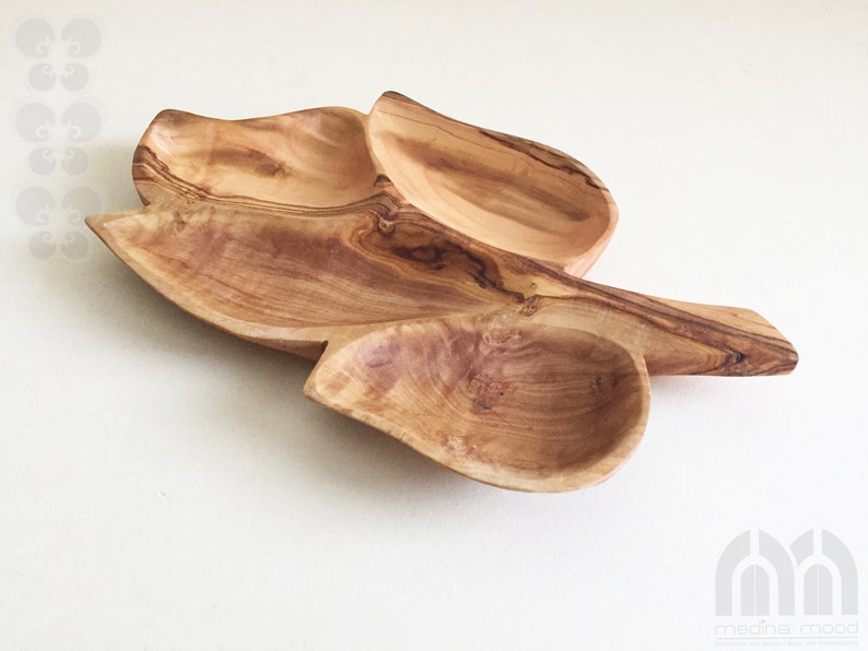 Serving plate 4 compartments in leaf shape, snack plate, nut platter handmade from olive wood image 3