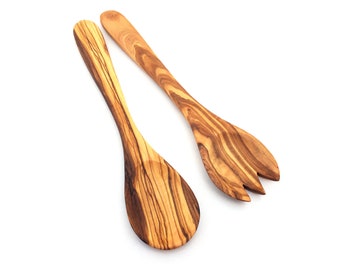 Set de 2 couverts à salade 30 cm cuillères à salade plates faites à la main en bois d'olivier